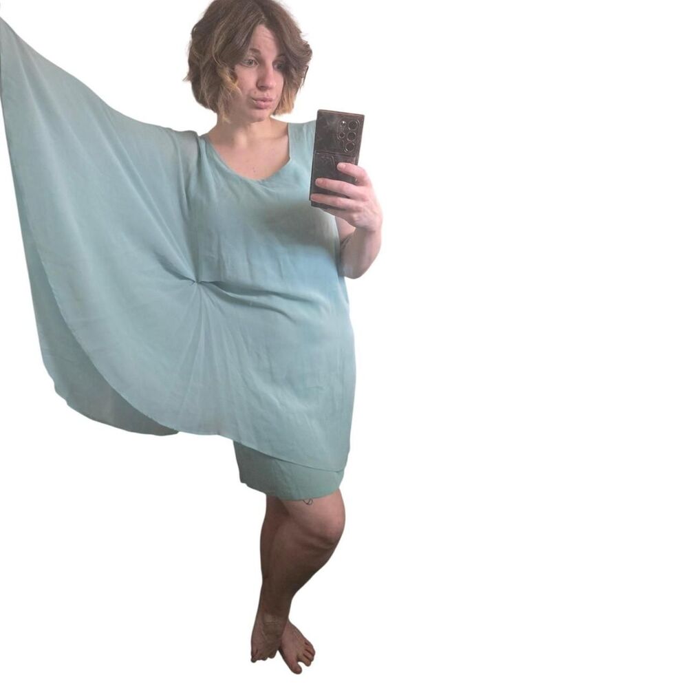 Gold Hawk Sky Blue 100% Silk One-Shoulder Caftan Mini Dress - Size Medium